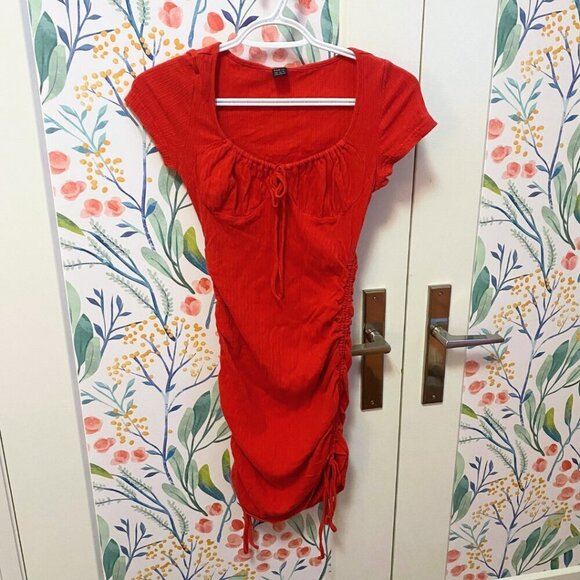 🔥 SHEIN Red Ruched Puff Sleeve Mini Dress XS | Flirty Date Night Look - Picture 3 of 8
